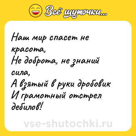 Шутка: Наш мир спасет не красота,<br>Не доброта, не знаний сила,<br>А взятый в руки дробовик<br>И грамотный отстрел дебилов!