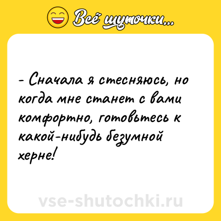 Шутка: - Cначала я стесняюсь, но когда мне станет с вами комфортно, готовьтесь к какой-нибудь безумной херне!