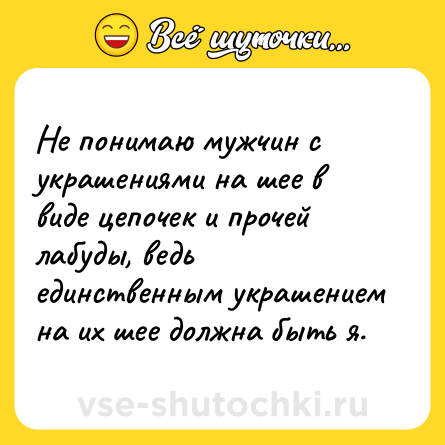 Шутка: Не понимаю мужчин с украшениями на шее в виде цепочек и прочей лабуды, ведь единственным украшением на их шее должна быть я.