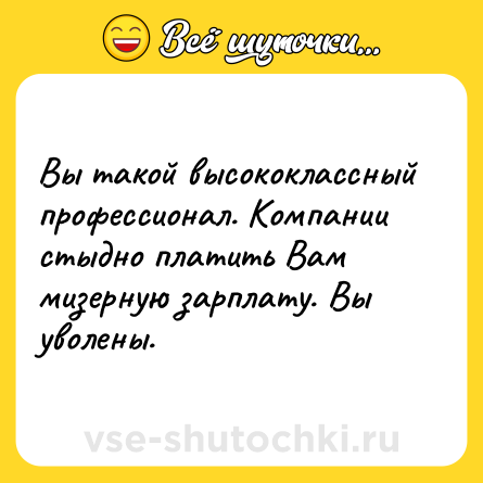 Шутка: Вы такой высококлассный профессионал. Компании стыдно платить Вам мизерную зарплату. Вы уволены.
