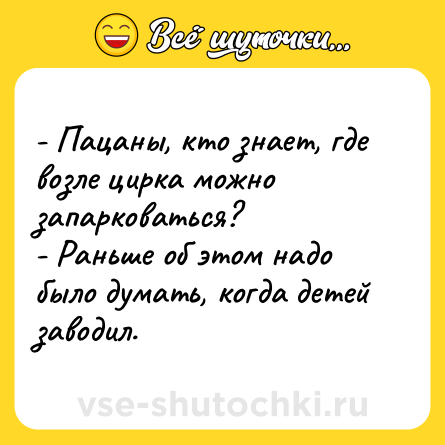 Шутка: - Пацаны, кто знает, где возле цирка можно запарковаться?<br>- Раньше об этом надо было думать, когда детей заводил.