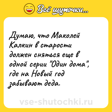 Шутка: Думаю, что Маколей Калкин в старости должен сняться еще в одной серии "Один дома", где на Новый год забывают деда.