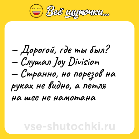 Шутка: — Дорогой, где ты был? <br>— Слушал Joy Division <br>— Странно, но порезов на руках не видно, а петля на шее не намотана