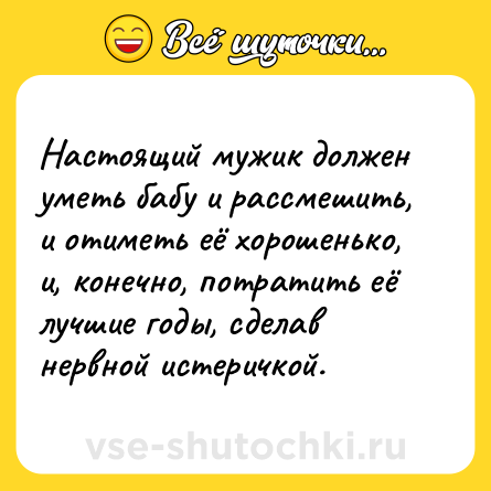 Шутка: Настоящий мужик должен уметь бабу и рассмешить, и отиметь её хорошенько, и, конечно, потратить её лучшие годы, сделав нервной истеричкой.
