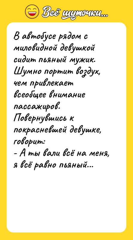 В автобусе рядом с миловидной девушкой сидит пьяный мужик. Шумно