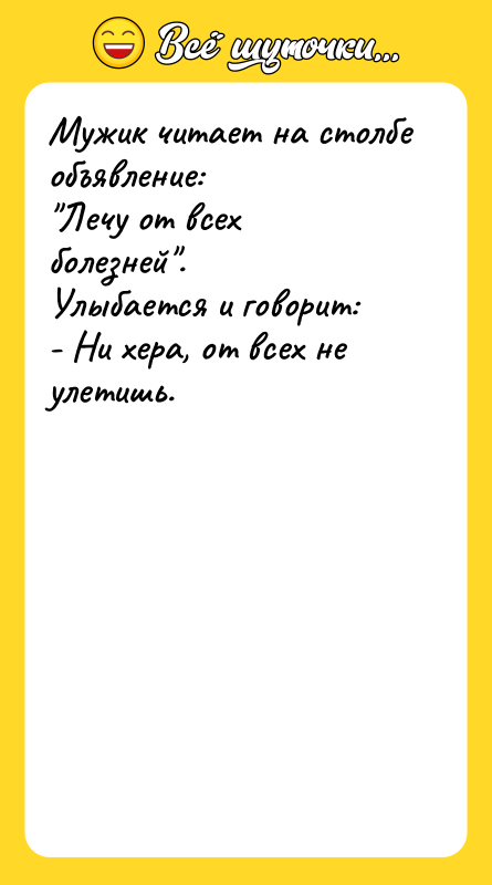 Мужик читает на столбе объявление: "Лечу от всех болезней". Улыбается