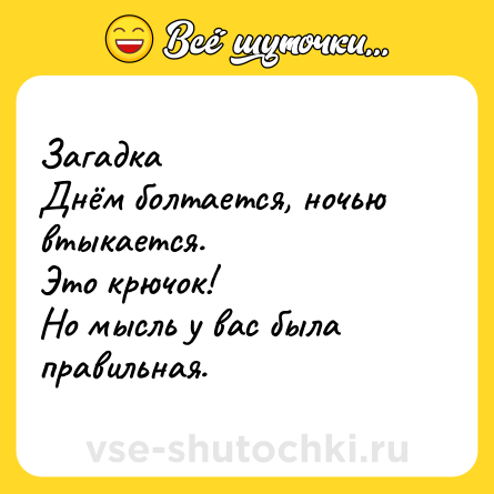 Шутка: Загадка<br>Днём болтается, ночью втыкается.<br>Это крючок! <br>Но мысль у вас была правильная.