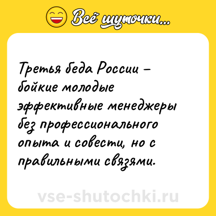 Шутка: Третья беда России – бойкие молодые эффективные менеджеры без профессионального опыта и совести, но с правильными связями.