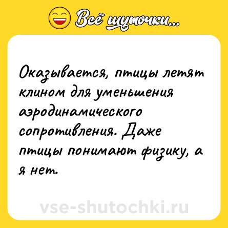 Шутка: Оказывается, птицы летят клином для уменьшения аэродинамического сопротивления. Даже птицы понимают физику, а я нет.