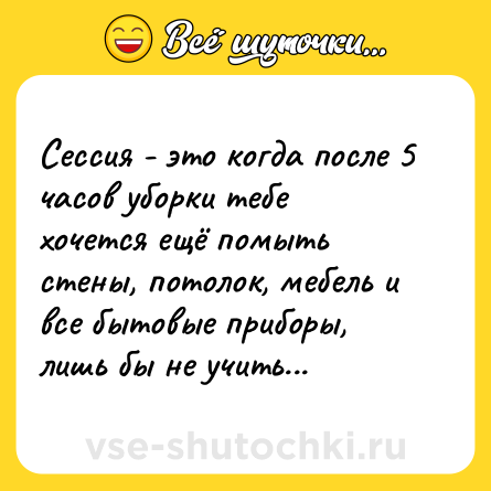 Шутка: Сессия - это когда после 5 часов уборки тебе хочется ещё помыть стены, потолок, мебель и все бытовые приборы, лишь бы не учить...
