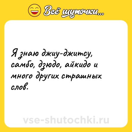 Шутка: Я знаю джиу-джитсу, самбо, дзюдо, айкидо и много дpугих стpашных слов.