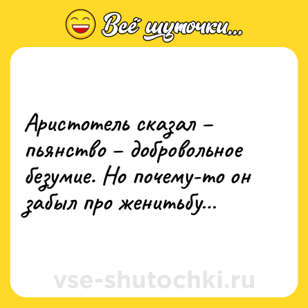 Шутка: Аристотель сказал – пьянство – добровольное безумие. Но почему-то он забыл про женитьбу…
