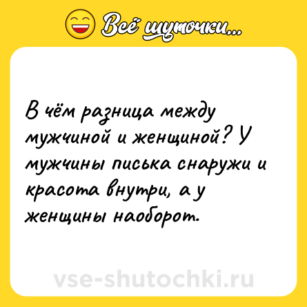 Шутка: В чём разница между мужчиной и женщиной? У мужчины писька снаружи и красота внутри, а у женщины наоборот.