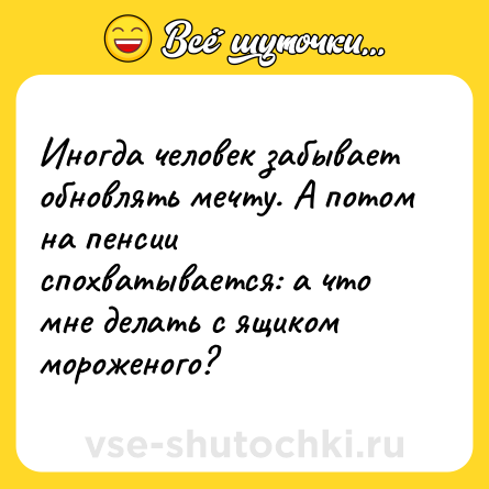 Шутка: Иногда человек забывает обновлять мечту. А потом на пенсии спохватывается: а что мне делать с ящиком мороженого?