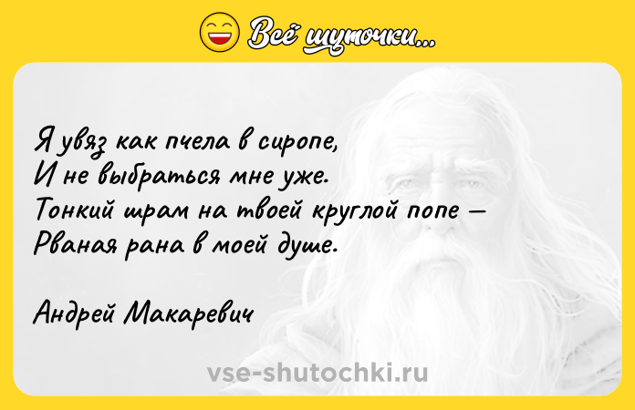 Цитата: Я увяз как пчела в сиропе,И не выбраться мне уже.Тонкий шрам на твоей круглой попе Рваная рана в моей душе.Андрей Макаревич