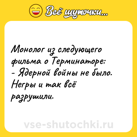 Шутка: Монолог из следующего фильма о Терминаторе:<br>- Ядерной войны не было. Негры и так всё разрушили.