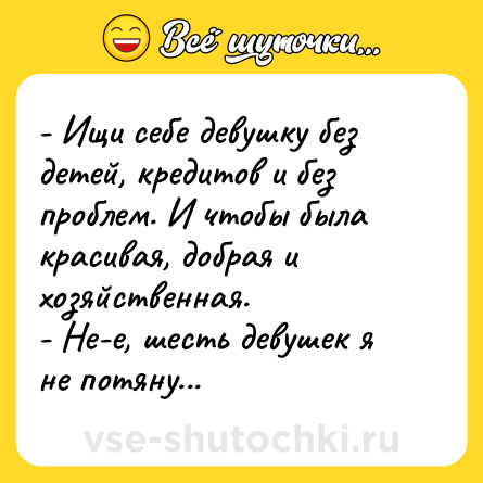 Шутка: - Ищи себе девушку без детей, кредитов и без проблем. И чтобы была красивая, добрая и хозяйственная.<br>- Не-е, шесть девушек я не потяну...