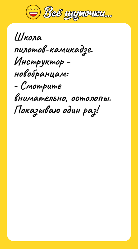 Школа пилотов-камикадзе. Инструктор - новобранцам: - Смотрите внимательно, остолопы. Показываю