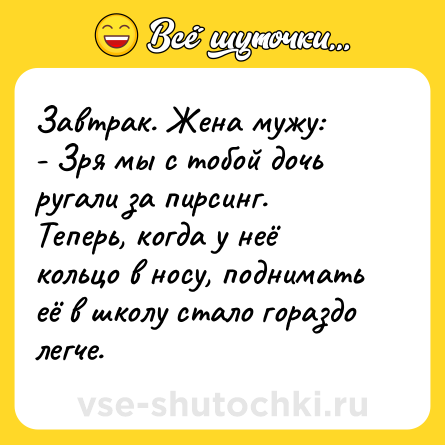 Шутка: Завтрак. Жена мужу:<br>- Зря мы с тобой дочь ругали за пирсинг. Теперь, когда у неё кольцо в носу, поднимать её в школу стало гораздо легче.