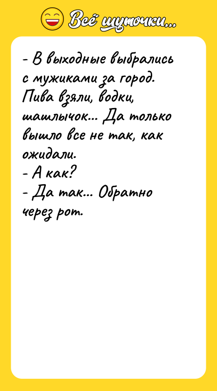 - В выходные выбрались с мужиками за город. Пива взяли,