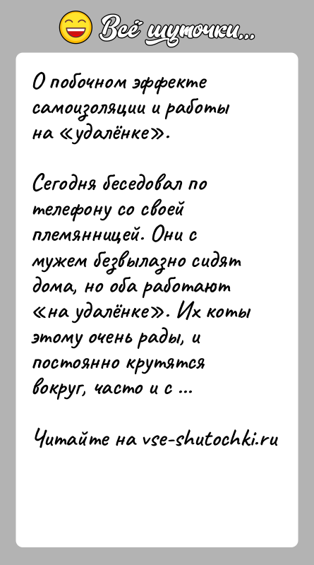 История: О побочном эффекте самоизоляции и работы на удалёнке .Сегодня беседовал по телефону со своей племянницей. Они с мужем безвылазно сидят дома,