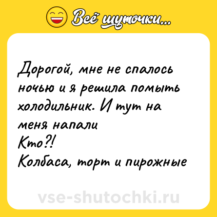 Шутка: Дорогой, мне не спалось ночью и я решила помыть холодильник. И тут на меня напали<br>Кто?!<br>Колбаса, торт и пирожные