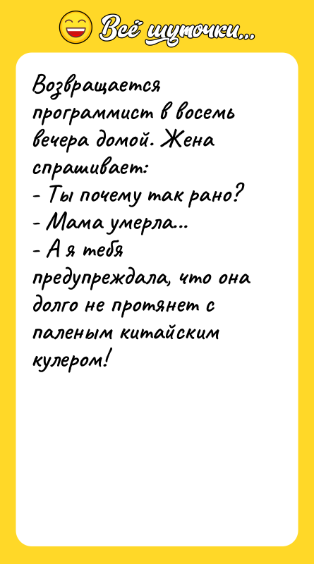 Возвращается программист в восемь вечера домой. Жена спрашивает: - Ты