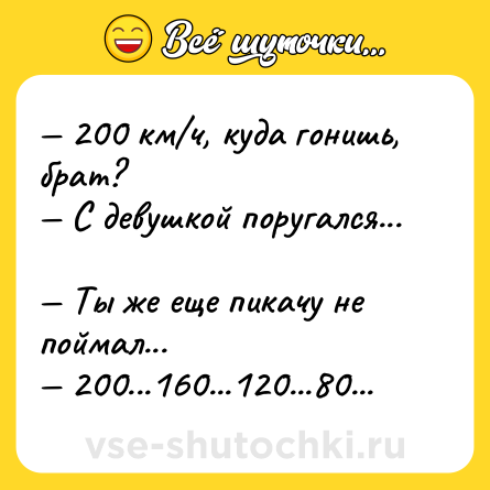 Шутка: — 200 км/ч, куда гонишь, брат?  <br>— С девушкой поругался... <br>— Ты же еще пикачу не поймал... <br>— 200...160...120...80...