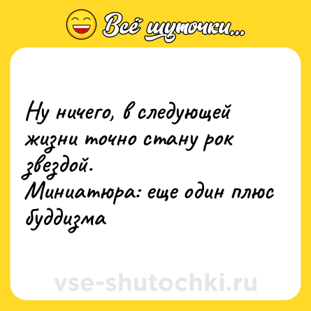 Шутка: Ну ничего, в следующей жизни точно стану рок звездой. <br>Миниатюра: еще один плюс буддизма