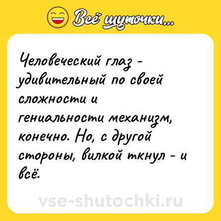Шутка: Человеческий глаз - удивительный по своей сложности и гениальности механизм, конечно. Но, с другой стороны, вилкой ткнул - и всё.