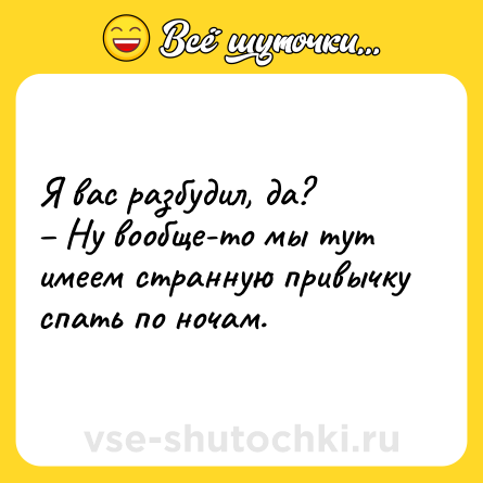 Шутка: Я вас разбудил, да?<br>– Ну вообще-то мы тут имеем странную привычку спать по ночам.