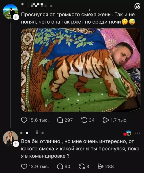 Тигр в засаде под одеялом 🐯 - Проснулся от громкого смеха жены. Так и не понял, чего