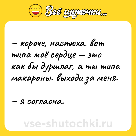 Шутка: — короче, настюха. вот типа моё сердце — это как бы дуршлаг, а ты типа макароны. выходи за меня.  <br>— я согласна.