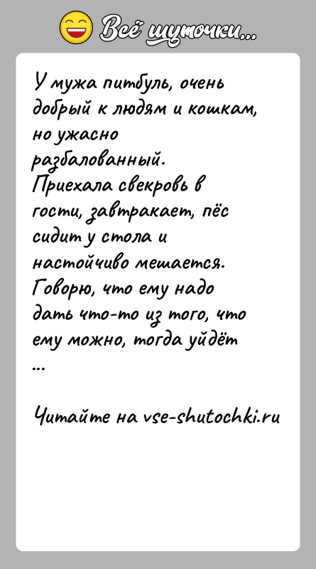 История: У мужа питбуль, очень добрый к людям и кошкам, но ужасно разбалованный. Приехала свекровь в гости, завтракает, пёс сидит у