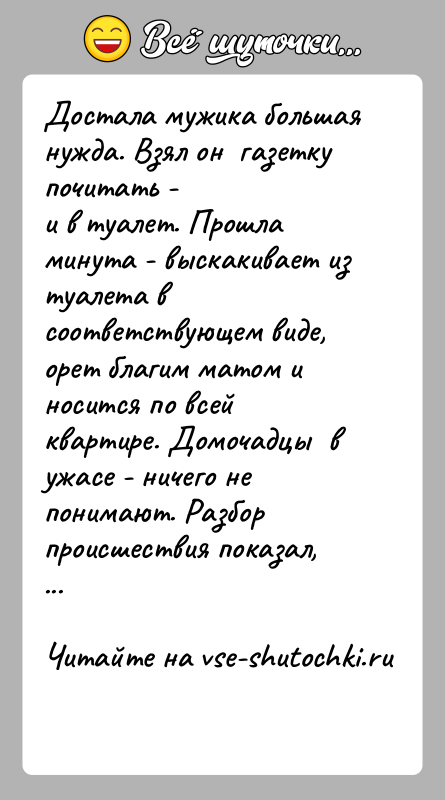 История: Достала мужика большая нужда. Взял он газетку почитать -и в туалет. Прошла минута - выскакивает из туалета всоответствующем виде,