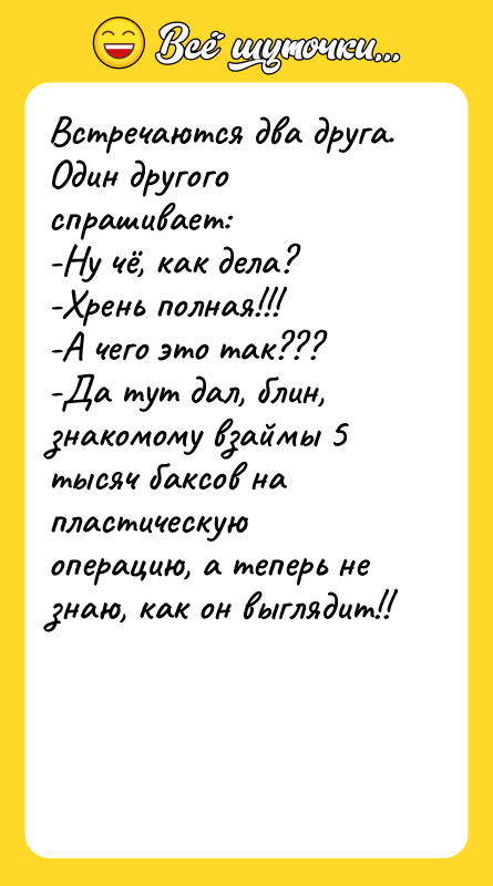 Встречаются два друга. Один другого спрашивает: -Ну чё, как дела?
