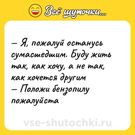 Шутка: — Я, пожалуй останусь сумасшедшим. Буду жить так, как хочу, а не так, как хочется другим <br>— Положи бензопилу пожалуйста
