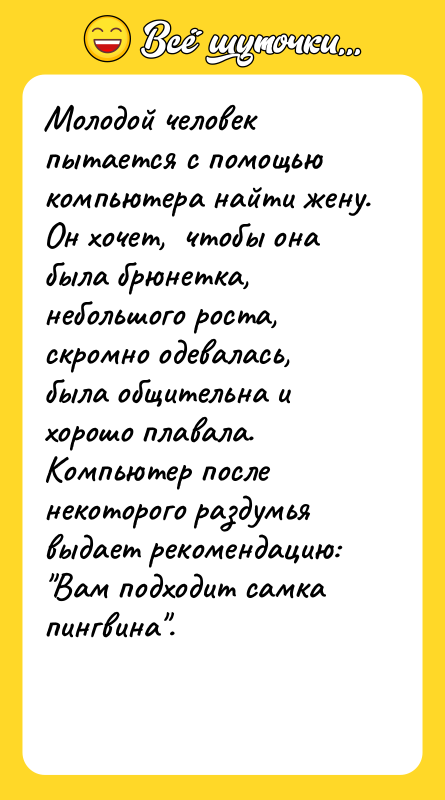 Молодой человек пытается с помощью компьютера найти жену. Он хочет,