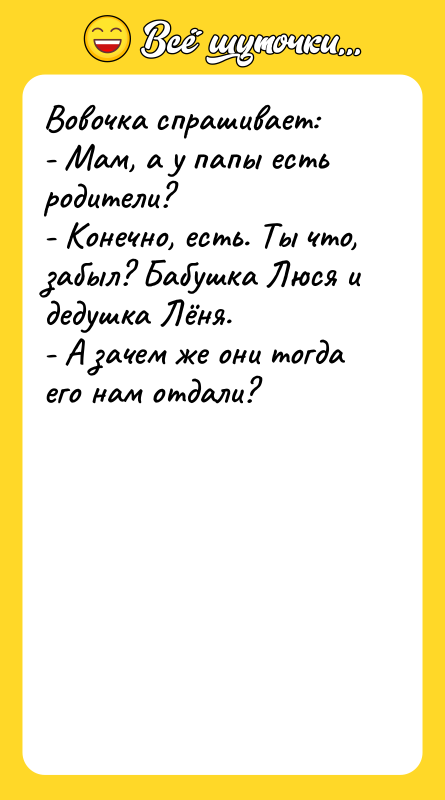 Вовочка спрашивает: - Мам, а у папы есть родители? -