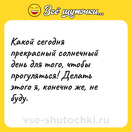 Шутка: Какой сегодня прекрасный солнечный день для того, чтобы прогуляться! Делать этого я, конечно же, не буду.