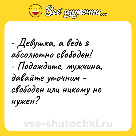 Шутка: - Девушка, а ведь я абсолютно свободен!<br>- Подождите, мужчина, давайте уточним - свободен или никому не нужен?