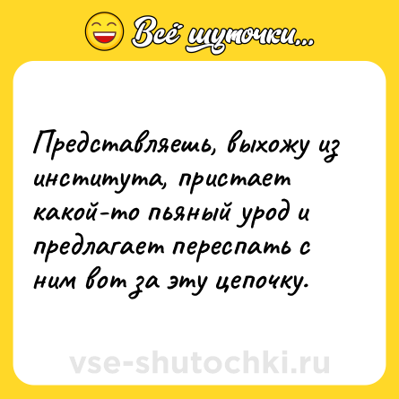 Шутка: Представляешь, выхожу из института, пристает какой-то пьяный урод и предлагает переспать с ним вот за эту цепочку.