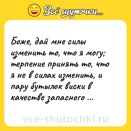 Шутка: Боже, дай мне силы изменить то, что я могу; терпение принять то, что я не в силах изменить, и пару бутылок виски в качестве запасного плана.