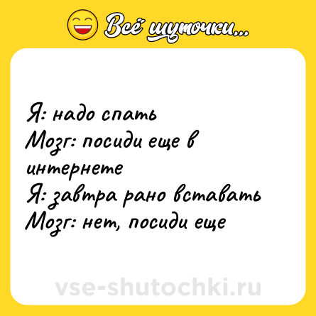Шутка: Я: надо спать<br>Мозг: посиди еще в интернете<br>Я: завтра рано вставать<br>Мозг: нет, посиди еще