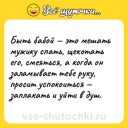 Шутка: Быть бабой — это мешать мужику спать, щекотать его, смеяться, а когда он заламывает тебе руку, просит успокоиться — заплакать и уйти в душ.