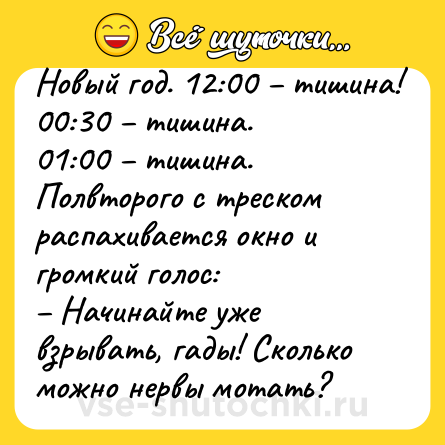 Шутка: Новый год. 12:00 – тишина!<br>00:30 – тишина.<br>01:00 – тишина.<br>Полвторого с треском распахивается окно и громкий голос:<br>– Начинайте уже взрывать, гады! Сколько можно нервы мотать?