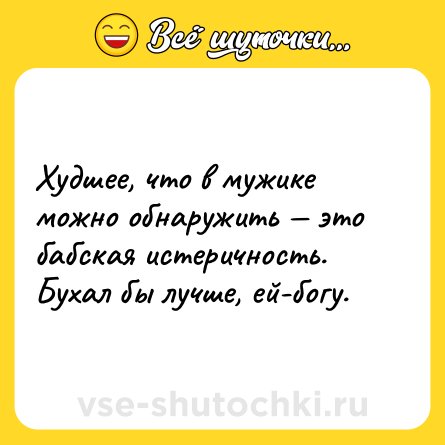 Шутка: Худшее, что в мужике можно обнаружить — это бабская истеричность. Бухал бы лучше, ей-богу.