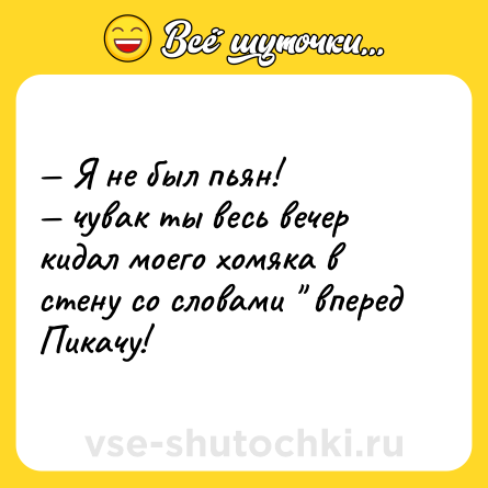 Шутка: — Я не был пьян!<br>— чувак ты весь вечер кидал моего хомяка в стену со словами 