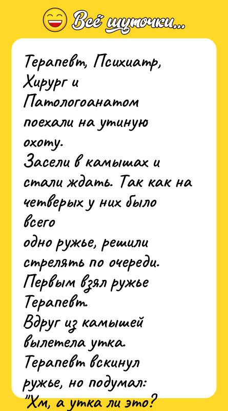 Терапевт, Психиатр, Хирург и Патологоанатом поехали на утиную охоту. Засели