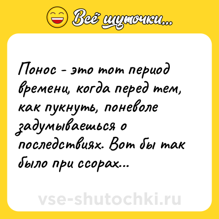 Шутка: Понос - это тот период времени, когда перед тем, как пукнуть, поневоле задумываешься о последствиях. Вот бы так было при ссорах...
